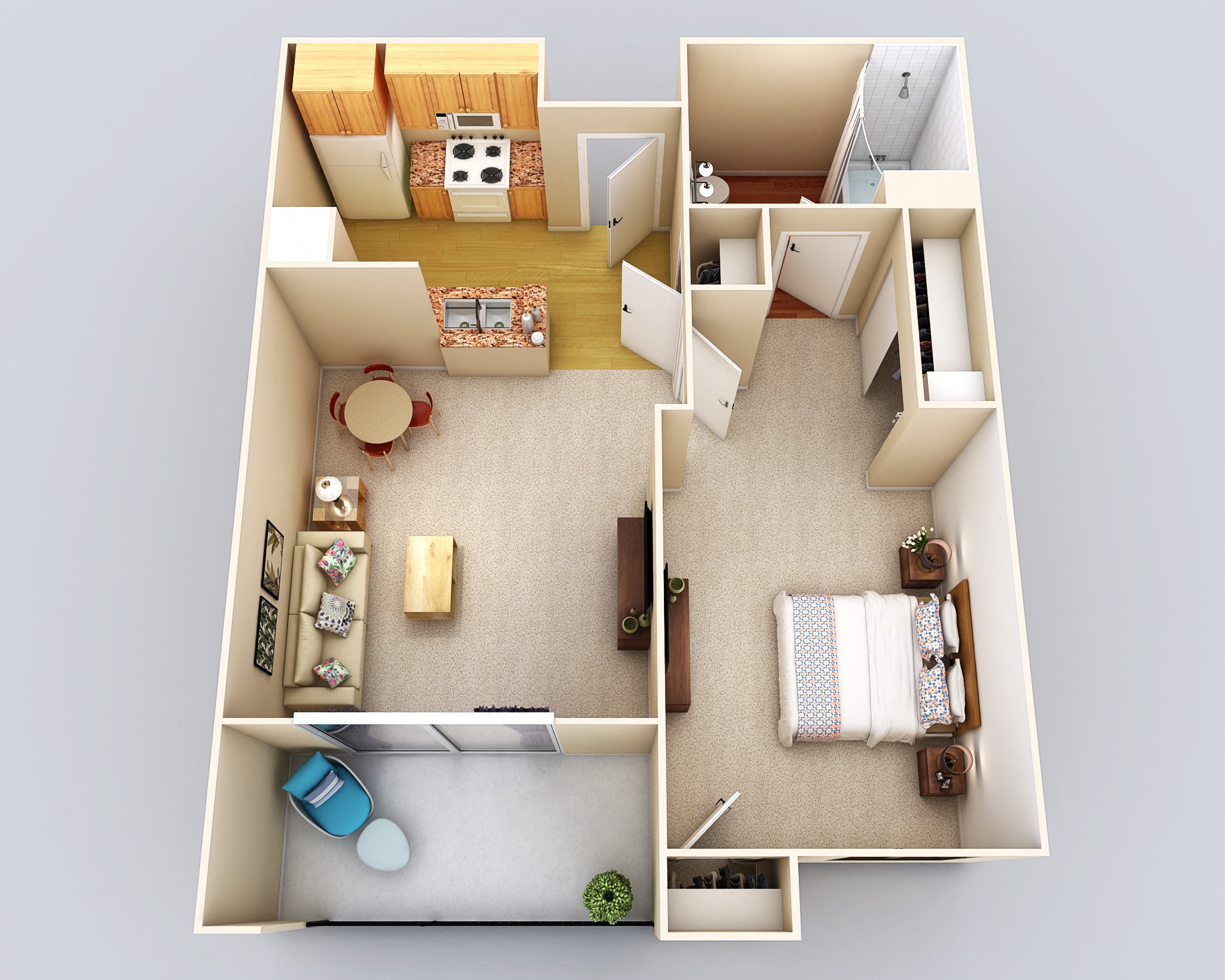 Floor plan for 1 bed, 1 bath, 610 sqft